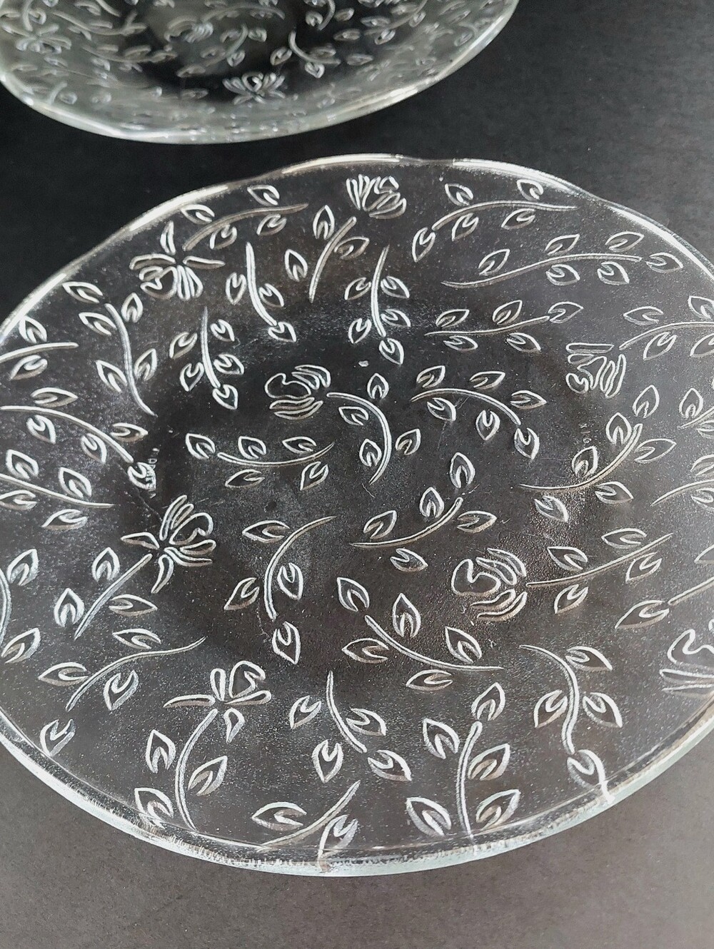 Vintage KIG Indonesia Clear Glass Dinner Plates Rose Vine Floral Leaf Set of 2